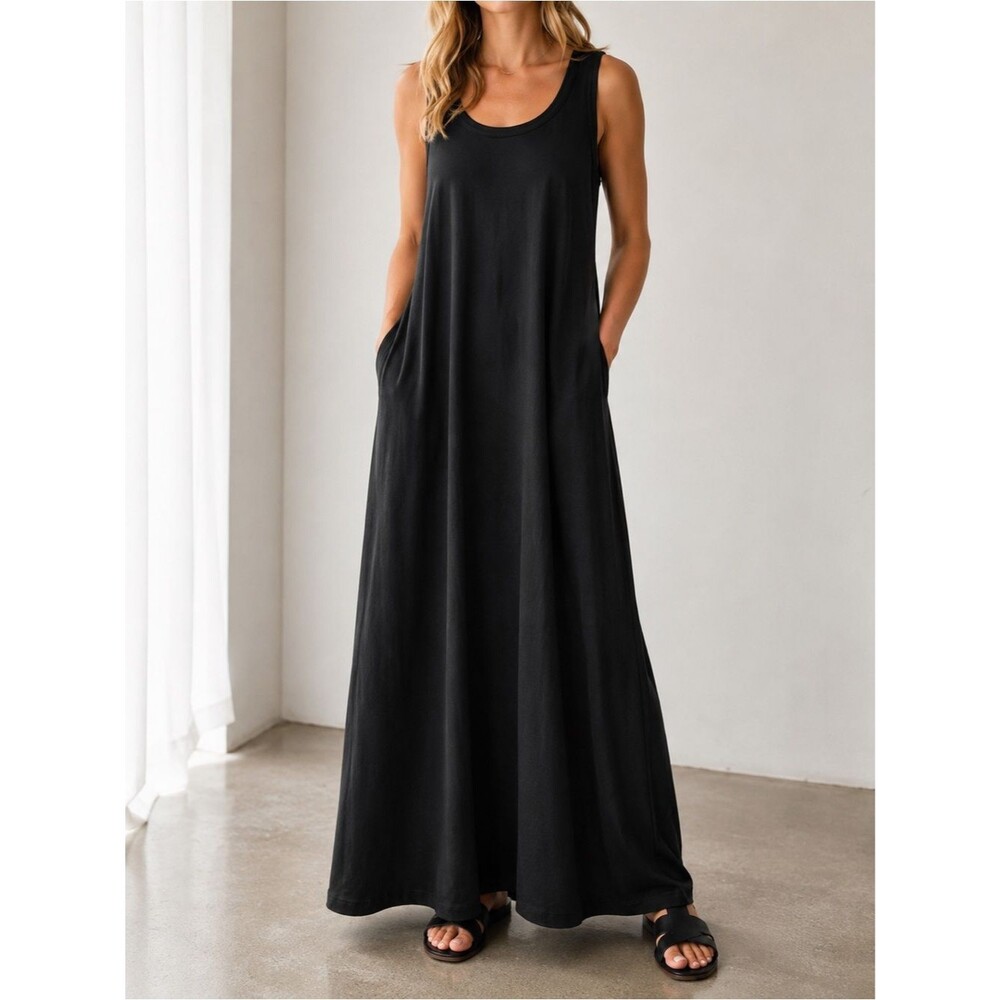 Soft Surroundings Black Maxi Tank Dress Medium Cotton Modal Sleeveless Pockets